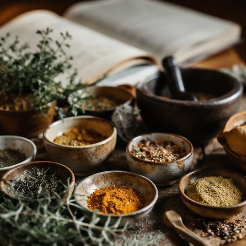 Small ceramic bowls of dried herbs and spices beside a mortar and pestle