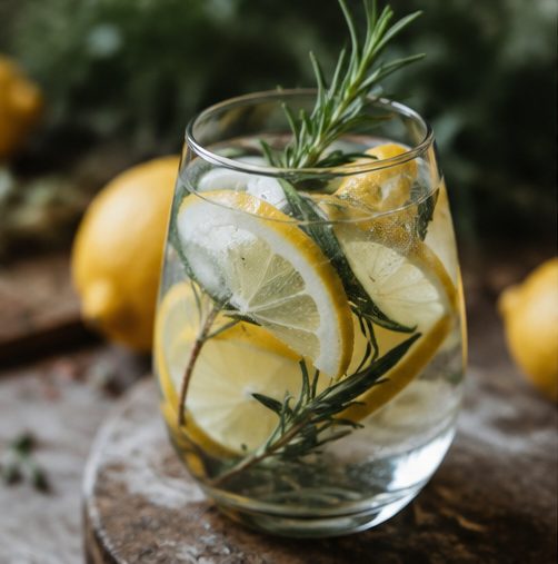 Lemon and rosemary infused water beside fresh lemons