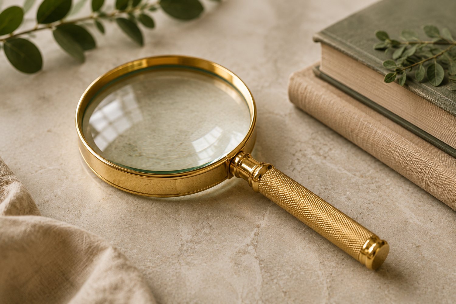 A magnifying glass beside a stack of books
